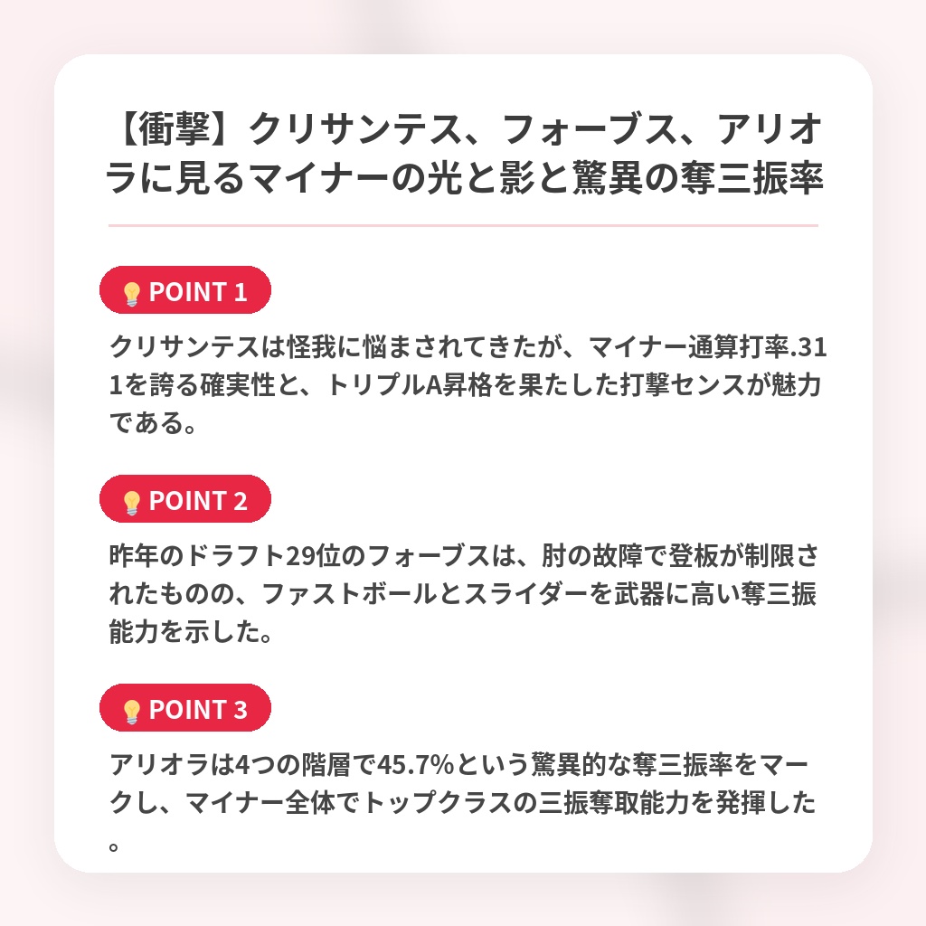 【衝撃】クリサンテス、フォーブス、アリオラに見るマイナーの光と影と驚異の奪三振率の注目ポイントまとめ