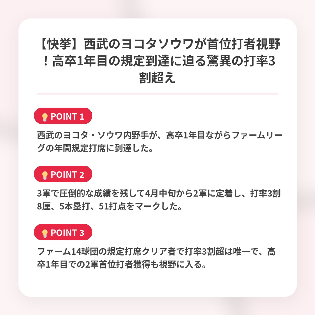 【快挙】西武のヨコタソウワが首位打者視野！高卒1年目の規定到達に迫る驚異の打率3割超えの注目ポイントまとめ