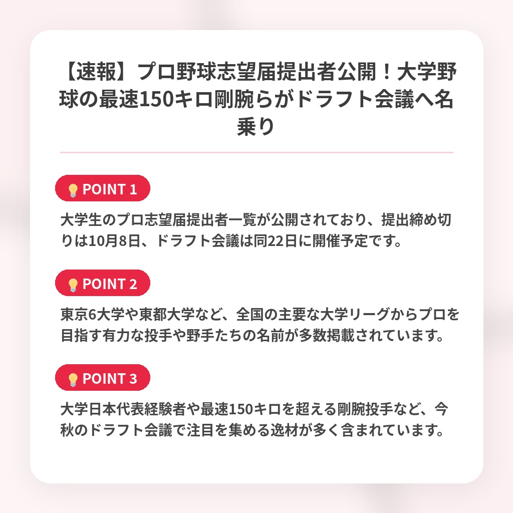 【速報】プロ野球志望届提出者公開！大学野球の最速150キロ剛腕らがドラフト会議へ名乗りの注目ポイントまとめ