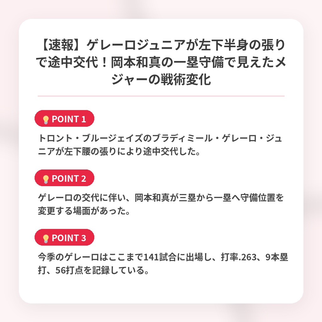 【速報】ゲレーロジュニアが左下半身の張りで途中交代！岡本和真の一塁守備で見えたメジャーの戦術変化の注目ポイントまとめ