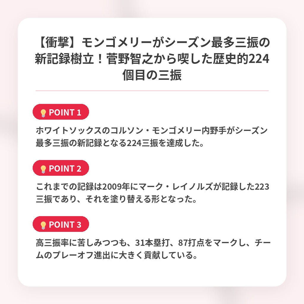【衝撃】モンゴメリーがシーズン最多三振の新記録樹立！菅野智之から喫した歴史的224個目の三振の注目ポイントまとめ