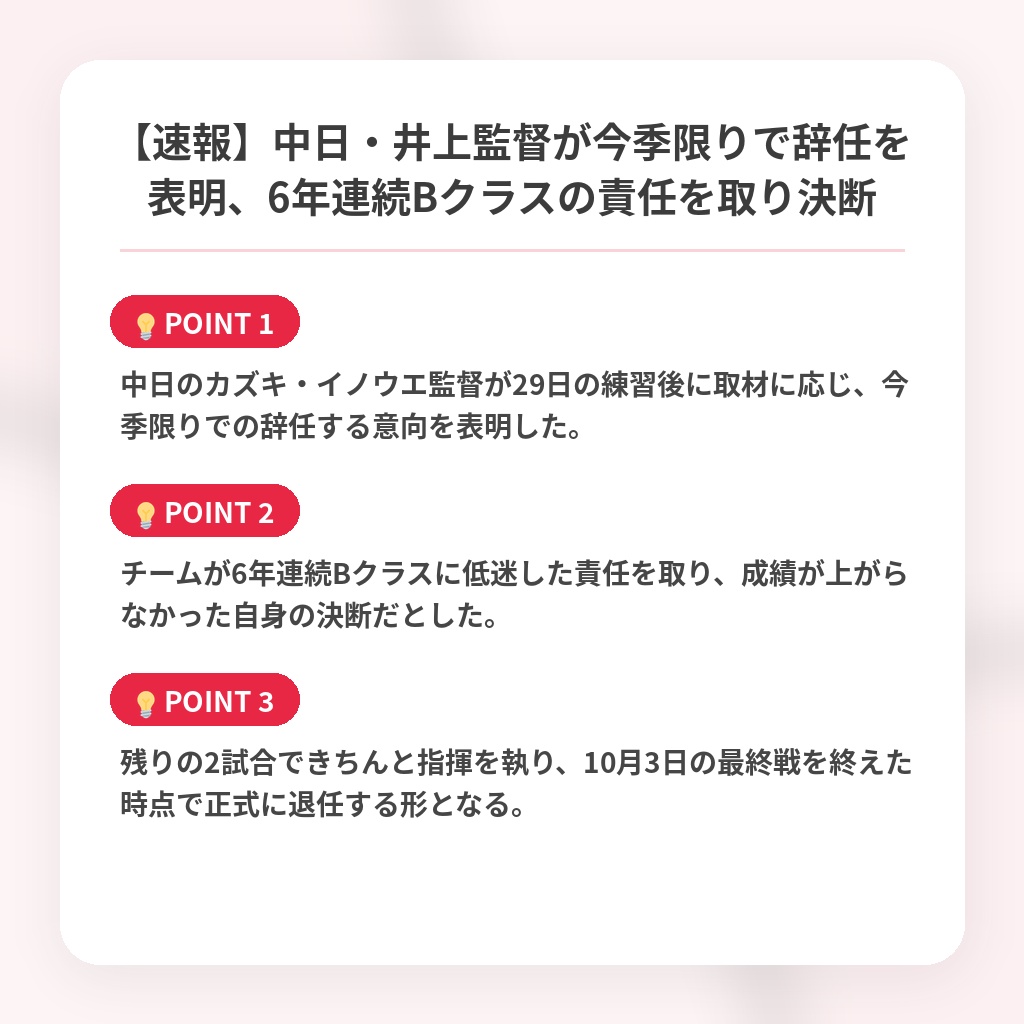 【速報】中日・井上監督が今季限りで辞任を表明、6年連続Bクラスの責任を取り決断の注目ポイントまとめ