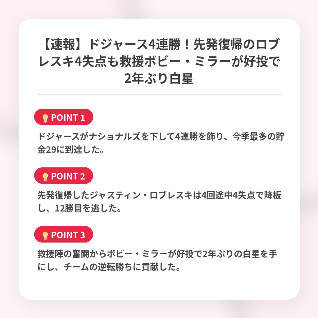 【速報】ドジャース4連勝！先発復帰のロブレスキ4失点も救援ボビー・ミラーが好投で2年ぶり白星の注目ポイントまとめ