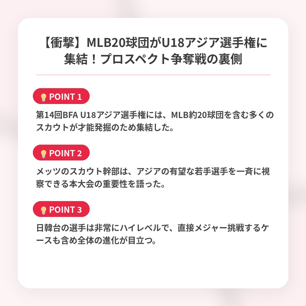 【衝撃】MLB20球団がU18アジア選手権に集結！プロスペクト争奪戦の裏側の注目ポイントまとめ