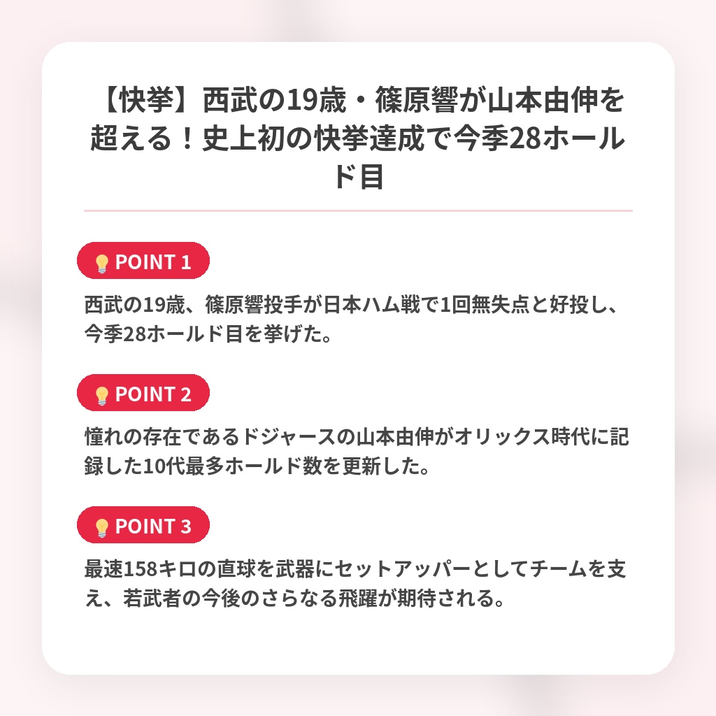 【快挙】西武の19歳・篠原響が山本由伸を超える！史上初の快挙達成で今季28ホールド目の注目ポイントまとめ
