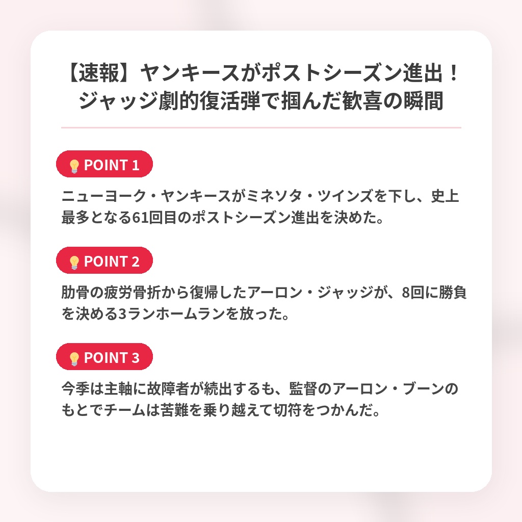 【速報】ヤンキースがポストシーズン進出！ジャッジ劇的復活弾で掴んだ歓喜の瞬間の注目ポイントまとめ