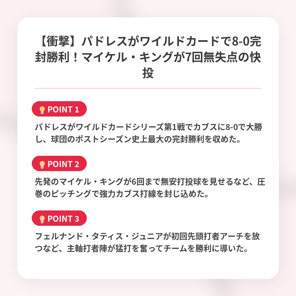 【衝撃】パドレスがワイルドカードで8-0完封勝利！マイケル・キングが7回無失点の快投の注目ポイントまとめ