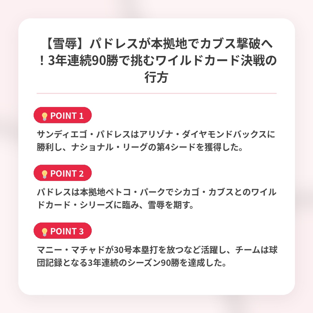 【雪辱】パドレスが本拠地でカブス撃破へ！3年連続90勝で挑むワイルドカード決戦の行方の注目ポイントまとめ