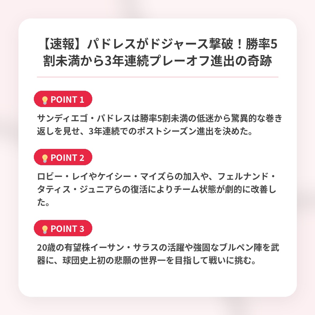 【速報】パドレスがドジャース撃破！勝率5割未満から3年連続プレーオフ進出の奇跡の注目ポイントまとめ