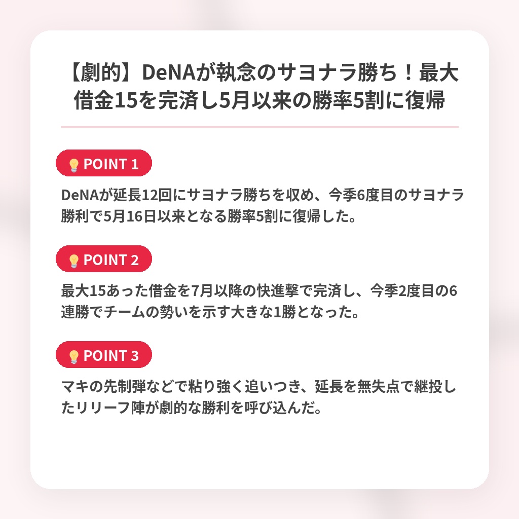 【劇的】DeNAが執念のサヨナラ勝ち!最大借金15を完済し5月以来の勝率5割に復帰の注目ポイントまとめ