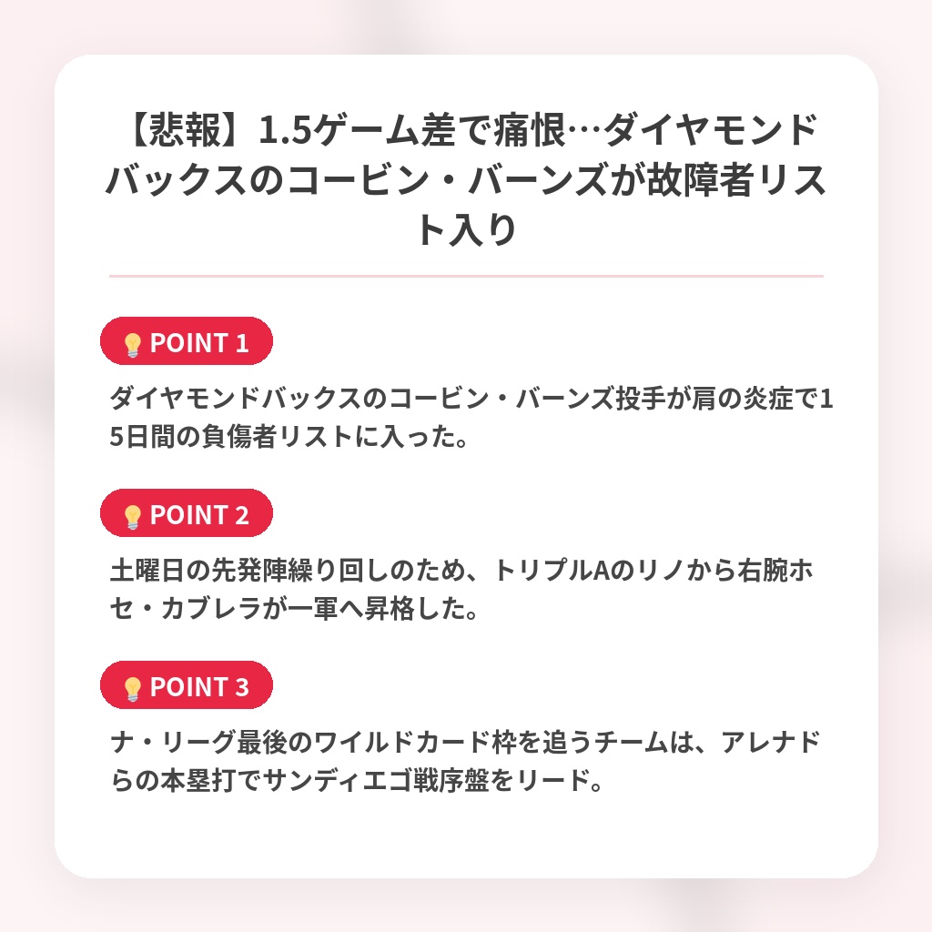 【悲報】1.5ゲーム差で痛恨…ダイヤモンドバックスのコービン・バーンズが故障者リスト入りの注目ポイントまとめ