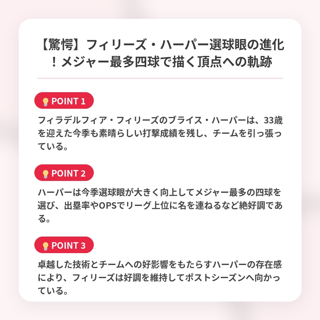 【驚愕】フィリーズ・ハーパー選球眼の進化！メジャー最多四球で描く頂点への軌跡の注目ポイントまとめ