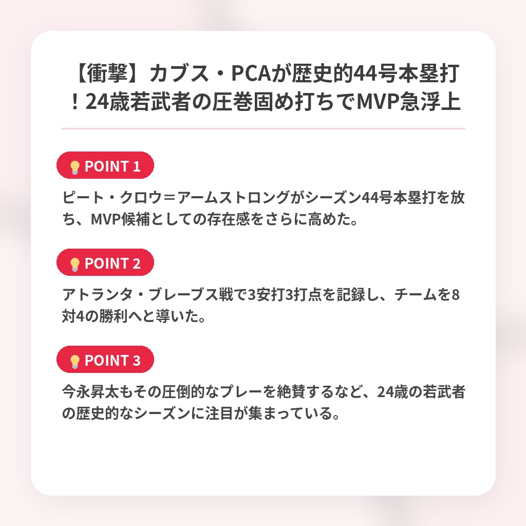【衝撃】カブス・PCAが歴史的44号本塁打！24歳若武者の圧巻固め打ちでMVP急浮上の注目ポイントまとめ