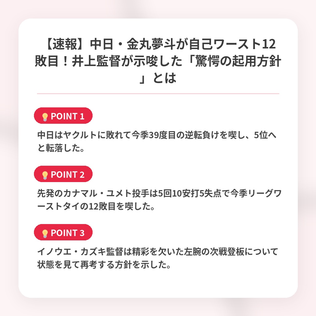 【速報】中日・金丸夢斗が自己ワースト12敗目！井上監督が示唆した「驚愕の起用方針」とはの注目ポイントまとめ