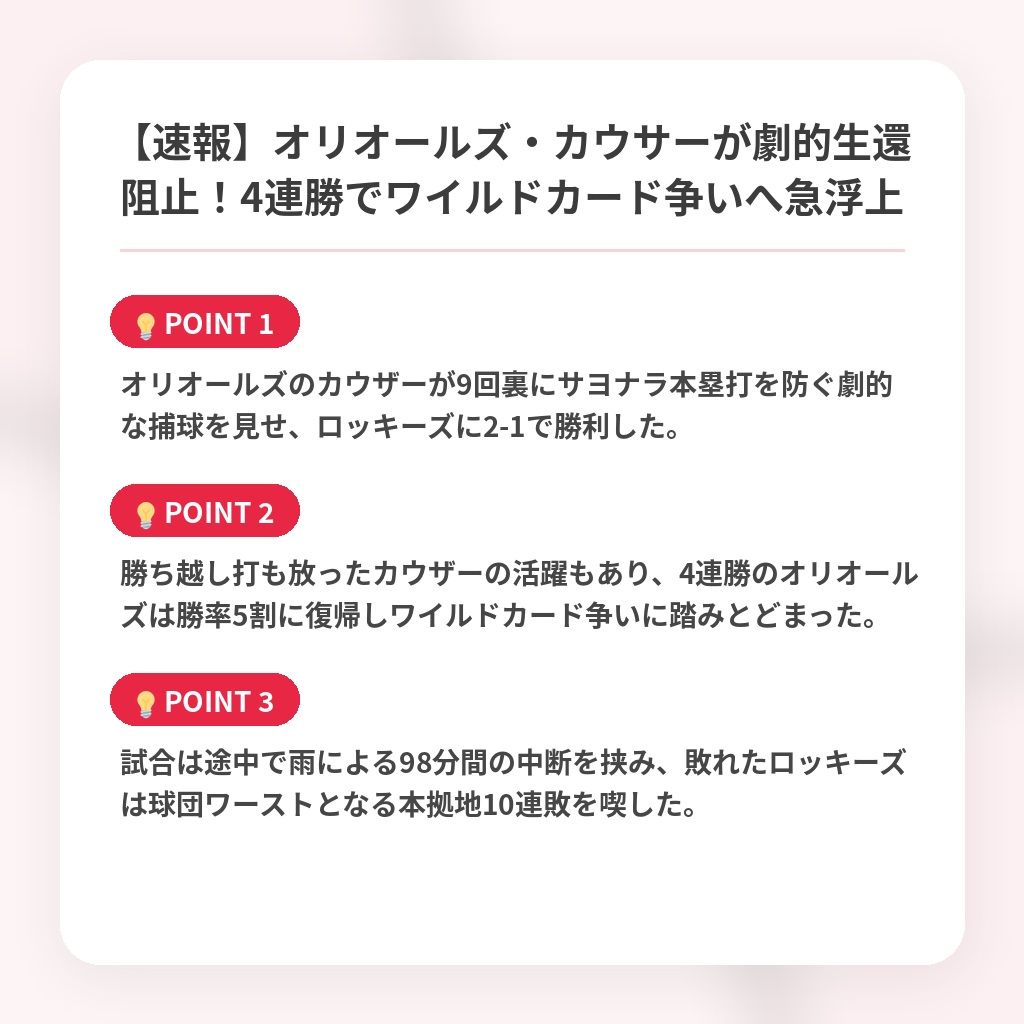 【速報】オリオールズ・カウサーが劇的生還阻止！4連勝でワイルドカード争いへ急浮上の注目ポイントまとめ