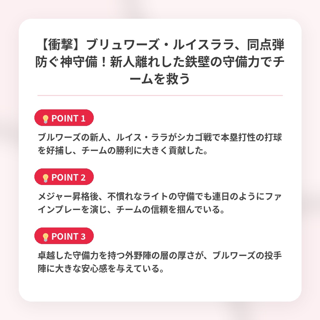 【衝撃】ブリュワーズ・ルイスララ、同点弾防ぐ神守備!新人離れした鉄壁の守備力でチームを救うの注目ポイントまとめ