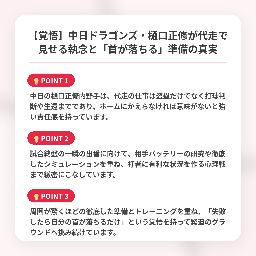【覚悟】中日ドラゴンズ・樋口正修が代走で見せる執念と「首が落ちる」準備の真実の注目ポイントまとめ