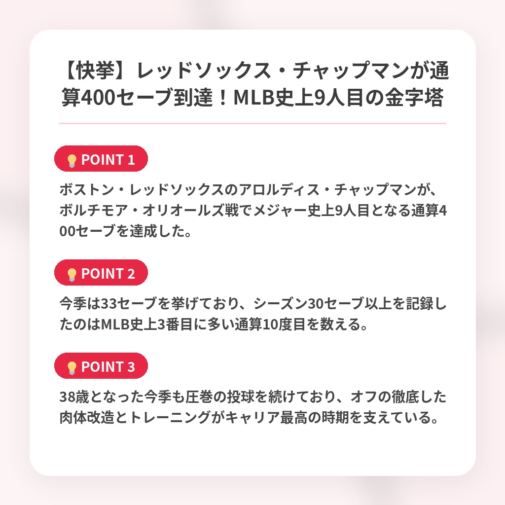 【快挙】レッドソックス・チャップマンが通算400セーブ到達！MLB史上9人目の金字塔の注目ポイントまとめ