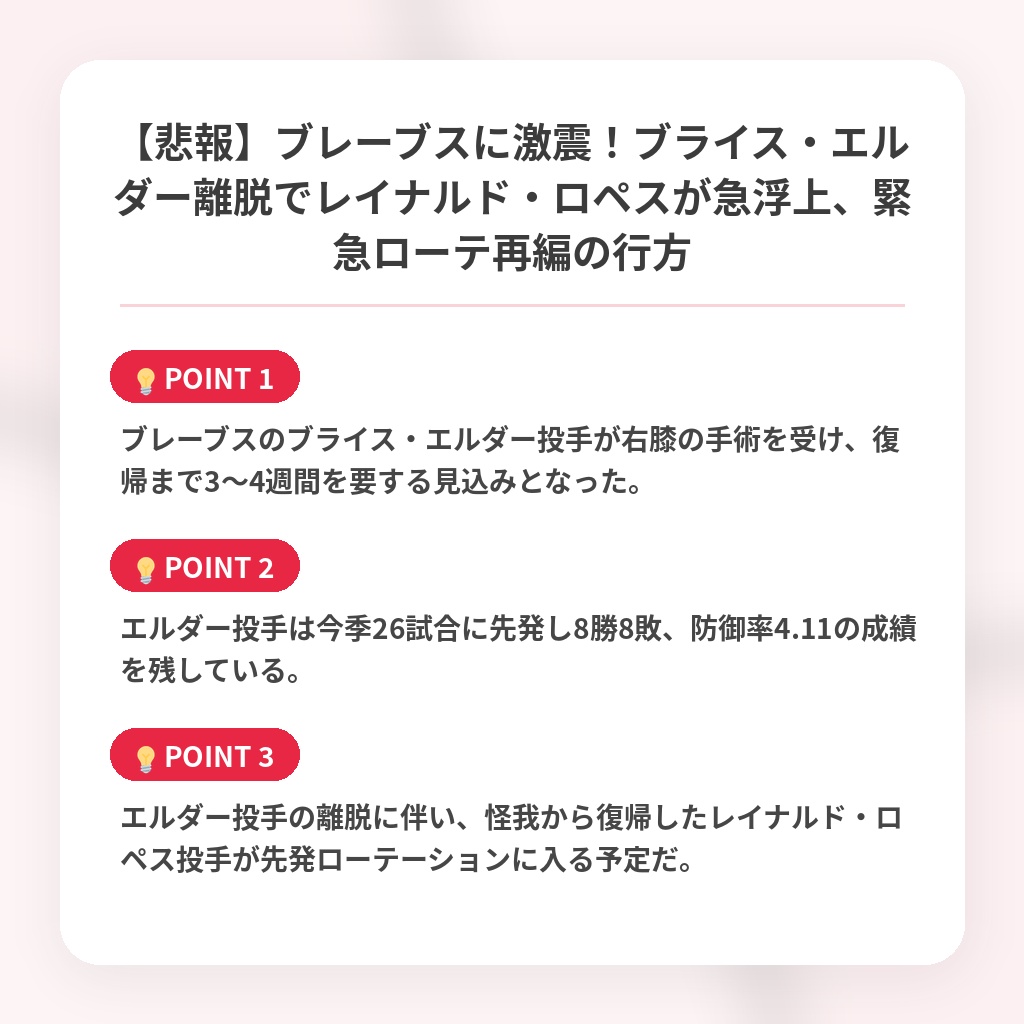 【悲報】ブレーブスに激震!ブライス・エルダー離脱でレイナルド・ロペスが急浮上、緊急ローテ再編の行方の注目ポイントまとめ