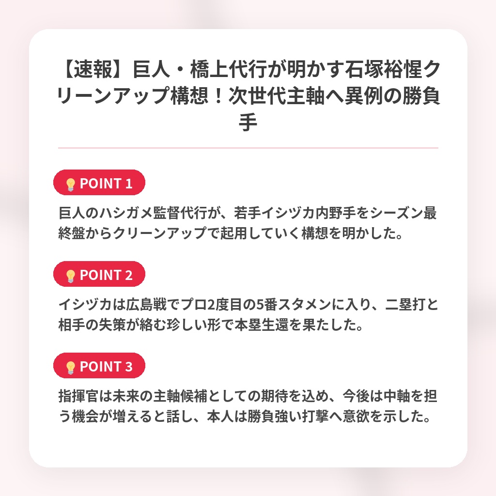 【速報】巨人・橋上代行が明かす石塚裕惺クリーンアップ構想！次世代主軸へ異例の勝負手の注目ポイントまとめ