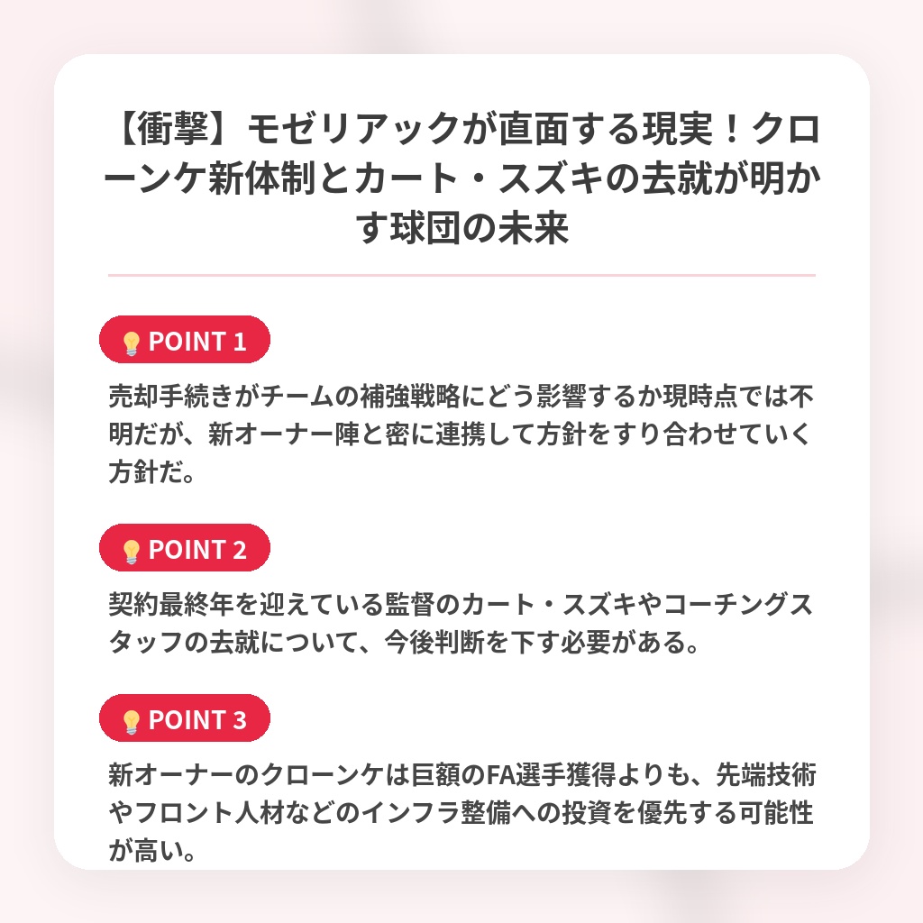 【衝撃】モゼリアックが直面する現実！クローンケ新体制とカート・スズキの去就が明かす球団の未来の注目ポイントまとめ