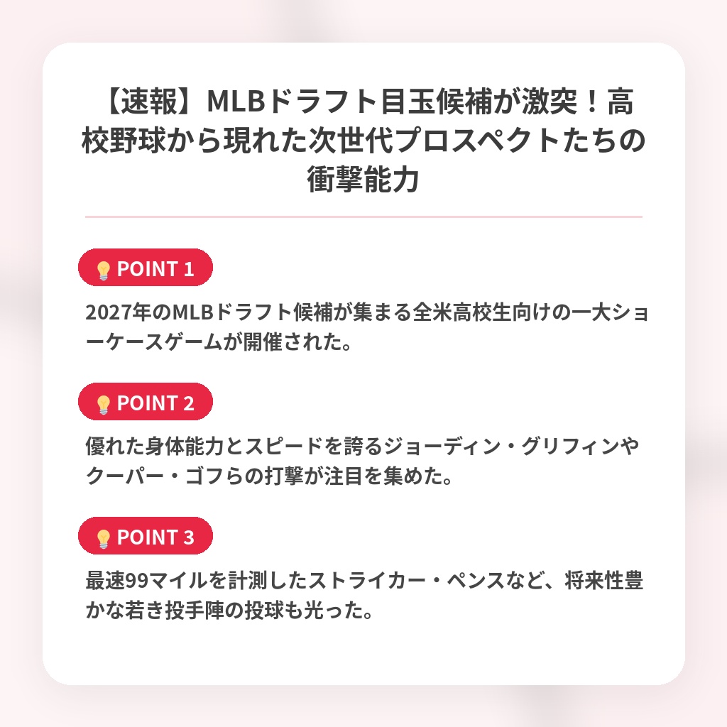 【速報】MLBドラフト目玉候補が激突！高校野球から現れた次世代プロスペクトたちの衝撃能力の注目ポイントまとめ