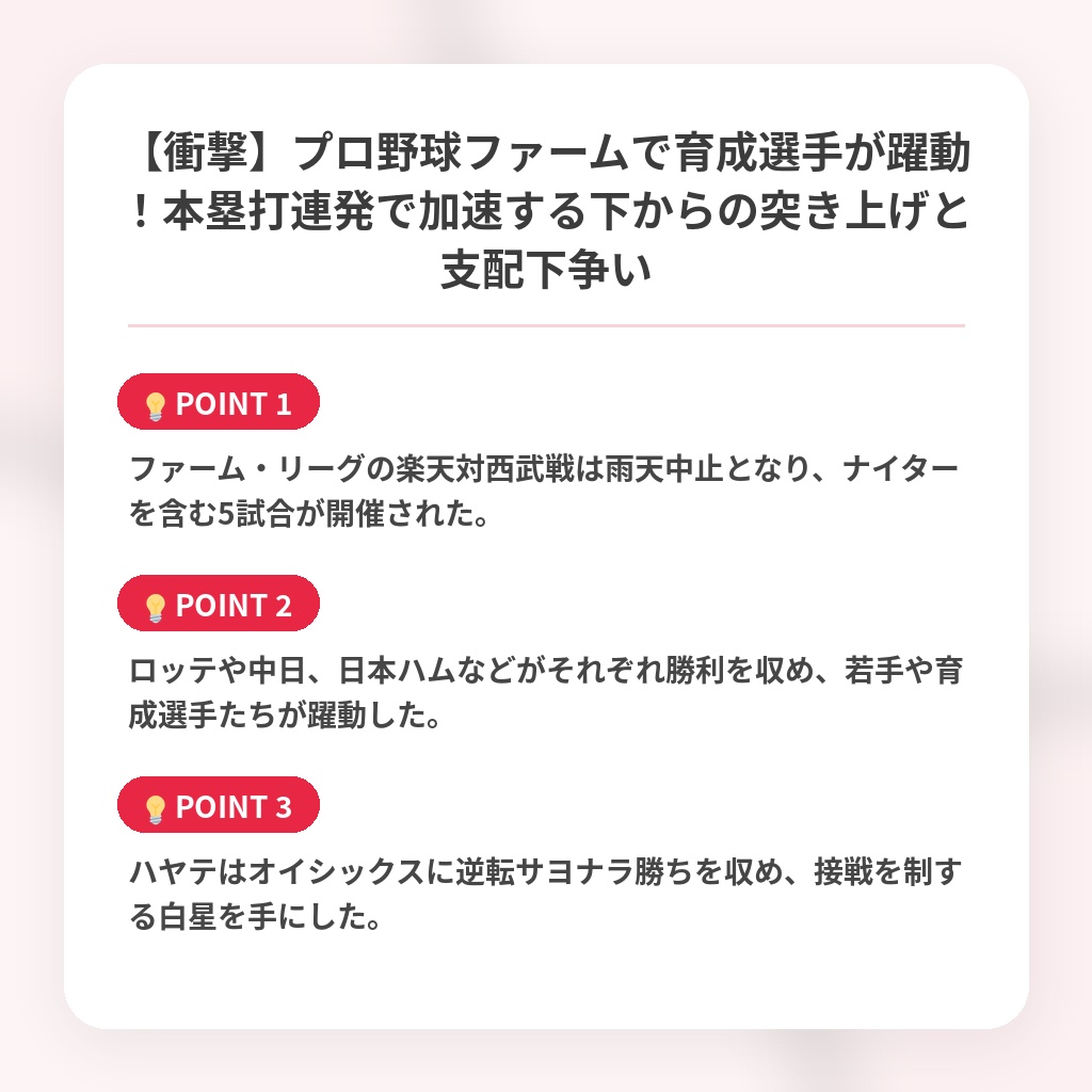 【衝撃】プロ野球ファームで育成選手が躍動！本塁打連発で加速する下からの突き上げと支配下争いの注目ポイントまとめ