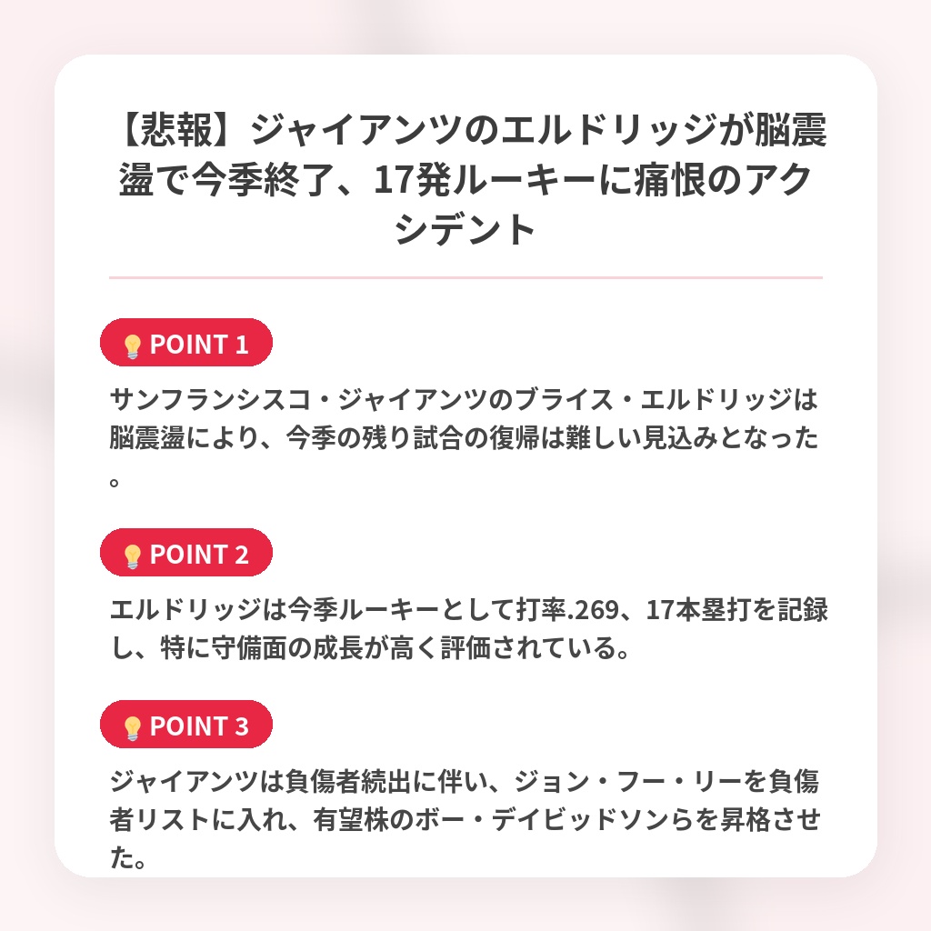 【悲報】ジャイアンツのエルドリッジが脳震盪で今季終了、17発ルーキーに痛恨のアクシデントの注目ポイントまとめ