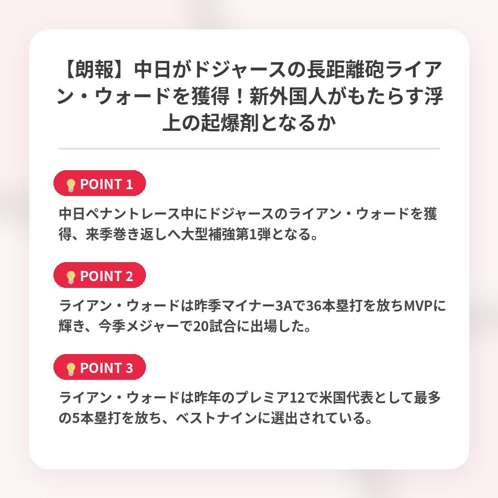 【朗報】中日がドジャースの長距離砲ライアン・ウォードを獲得！新外国人がもたらす浮上の起爆剤となるかの注目ポイントまとめ