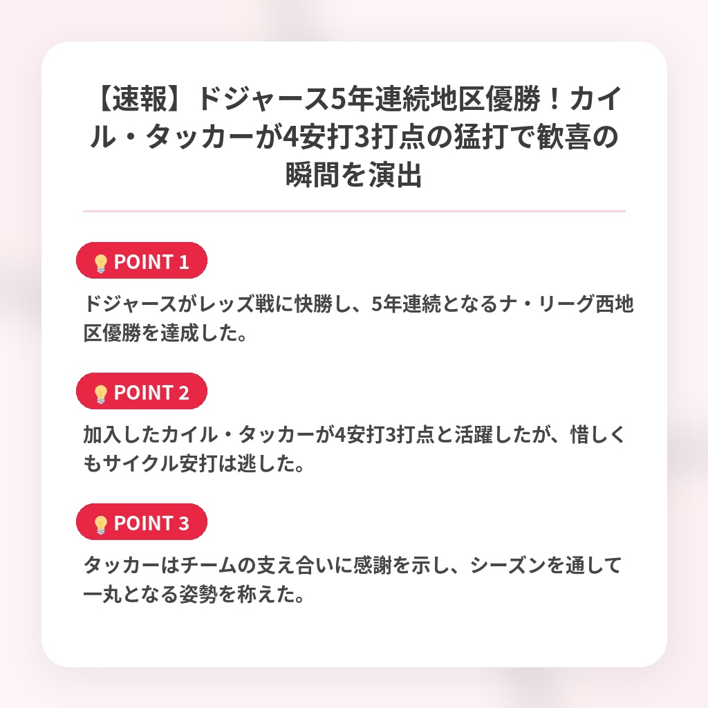 【速報】ドジャース5年連続地区優勝！カイル・タッカーが4安打3打点の猛打で歓喜の瞬間を演出の注目ポイントまとめ