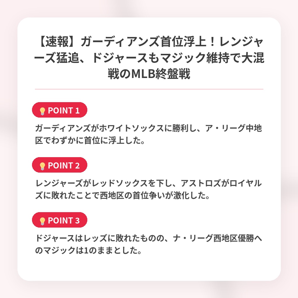 【速報】ガーディアンズ首位浮上！レンジャーズ猛追、ドジャースもマジック維持で大混戦のMLB終盤戦の注目ポイントまとめ