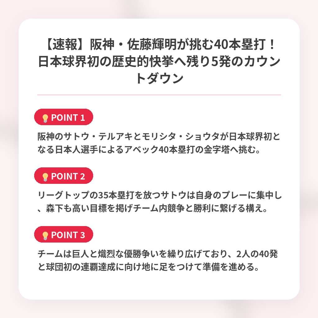 【速報】阪神・佐藤輝明が挑む40本塁打！日本球界初の歴史的快挙へ残り5発のカウントダウンの注目ポイントまとめ