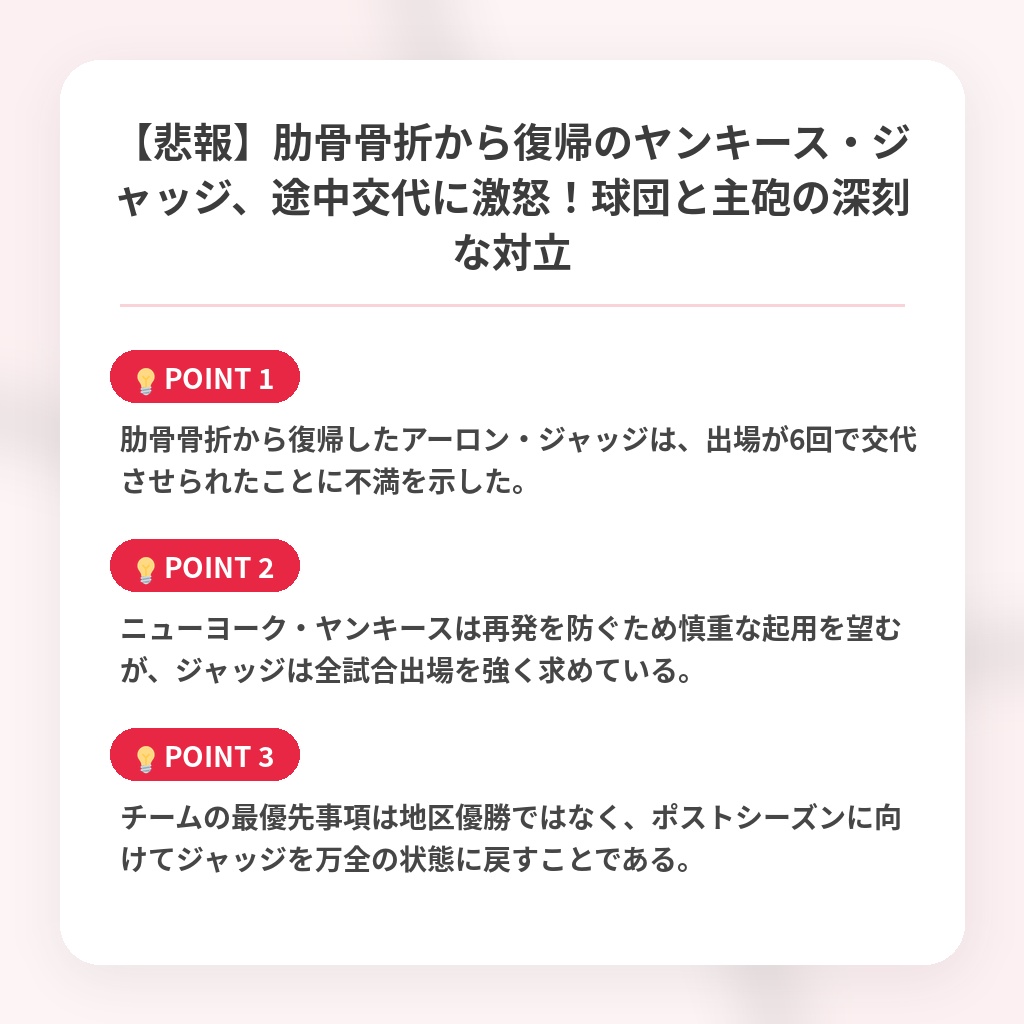 【悲報】肋骨骨折から復帰のヤンキース・ジャッジ、途中交代に激怒！球団と主砲の深刻な対立の注目ポイントまとめ