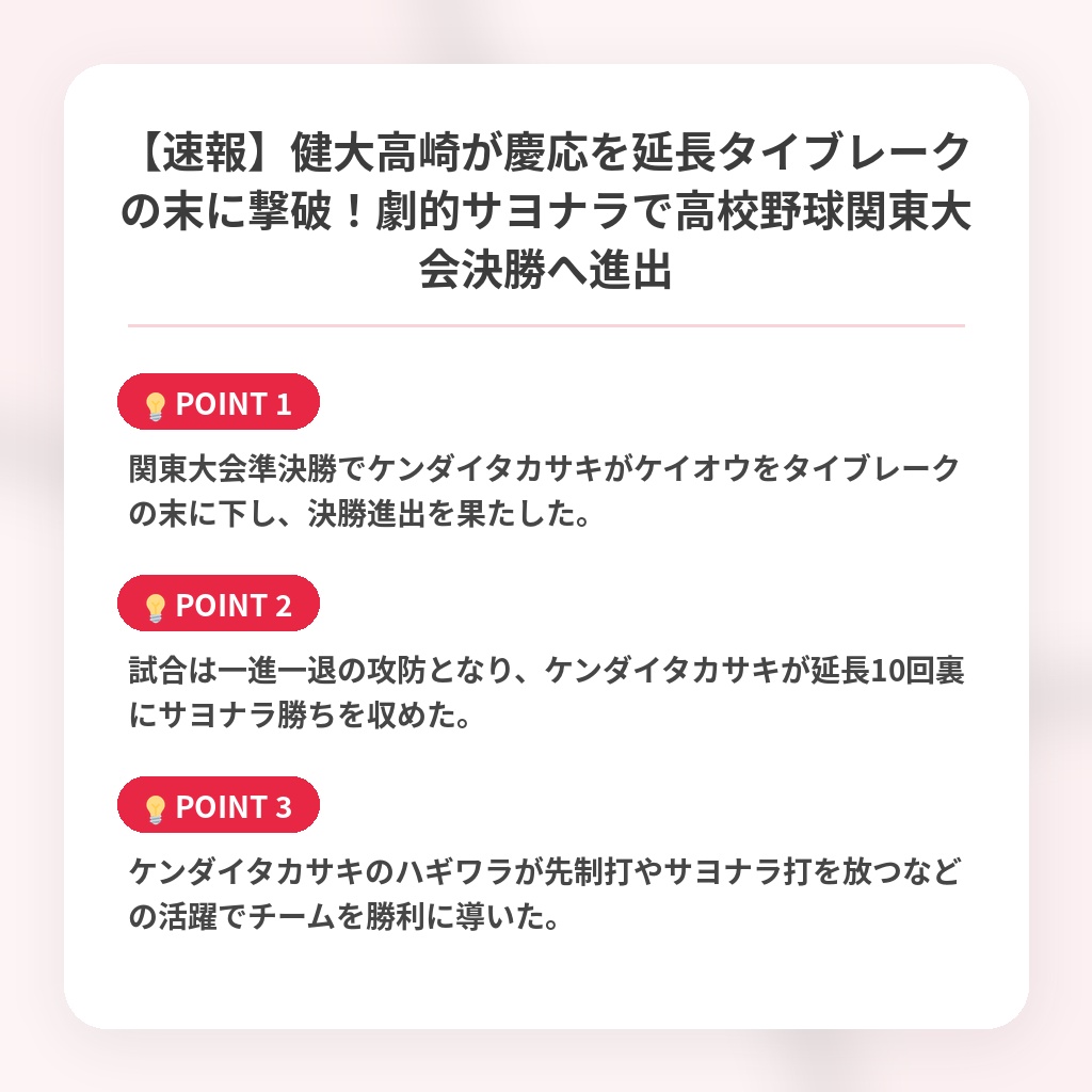 【速報】健大高崎が慶応を延長タイブレークの末に撃破！劇的サヨナラで高校野球関東大会決勝へ進出の注目ポイントまとめ