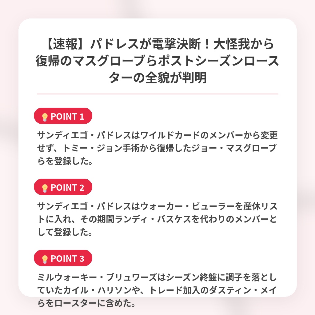 【速報】パドレスが電撃決断！大怪我から復帰のマスグローブらポストシーズンロースターの全貌が判明の注目ポイントまとめ