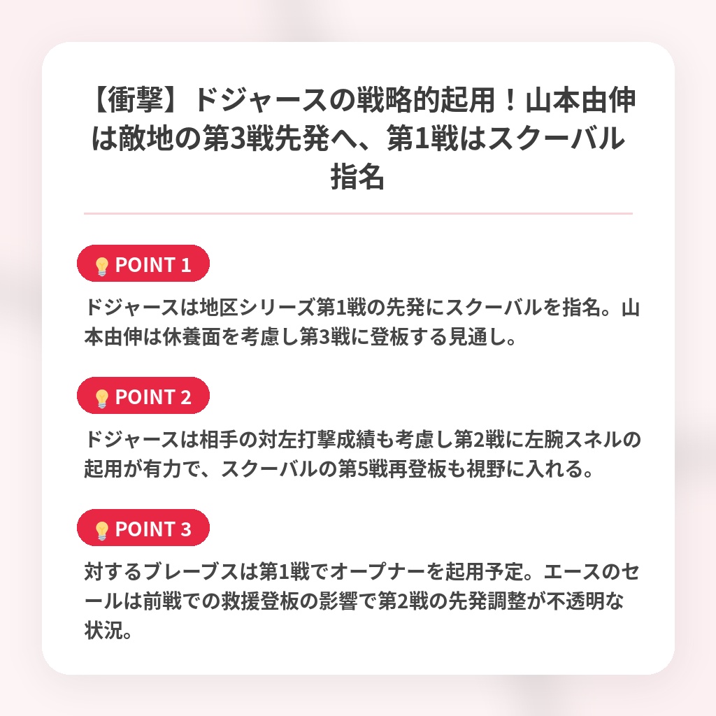 【衝撃】ドジャースの戦略的起用！山本由伸は敵地の第3戦先発へ、第1戦はスクーバル指名の注目ポイントまとめ