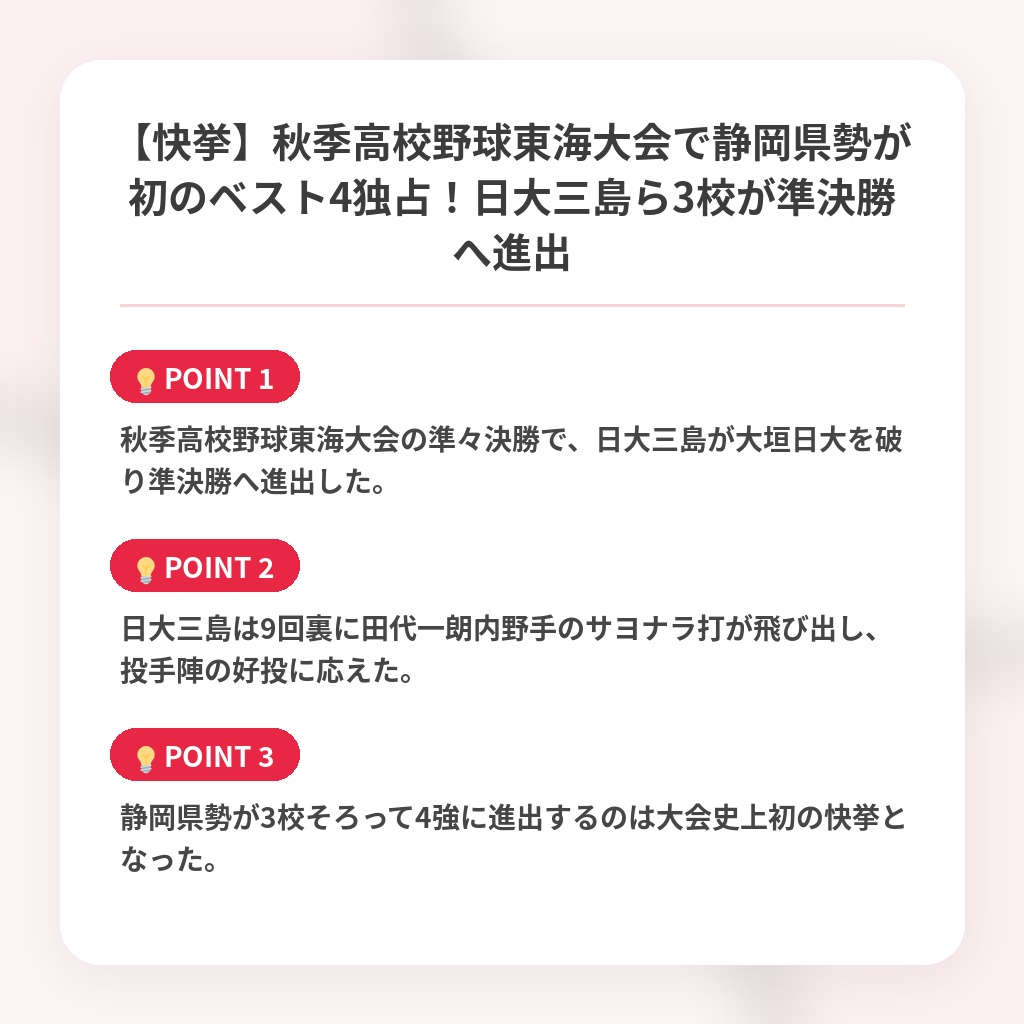 【快挙】秋季高校野球東海大会で静岡県勢が初のベスト4独占！日大三島ら3校が準決勝へ進出の注目ポイントまとめ
