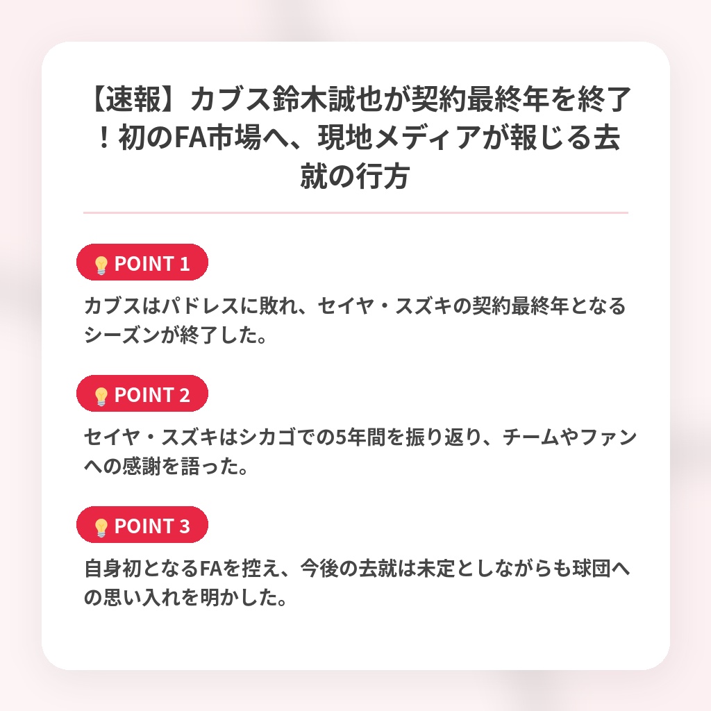 【速報】カブス鈴木誠也が契約最終年を終了！初のFA市場へ、現地メディアが報じる去就の行方の注目ポイントまとめ