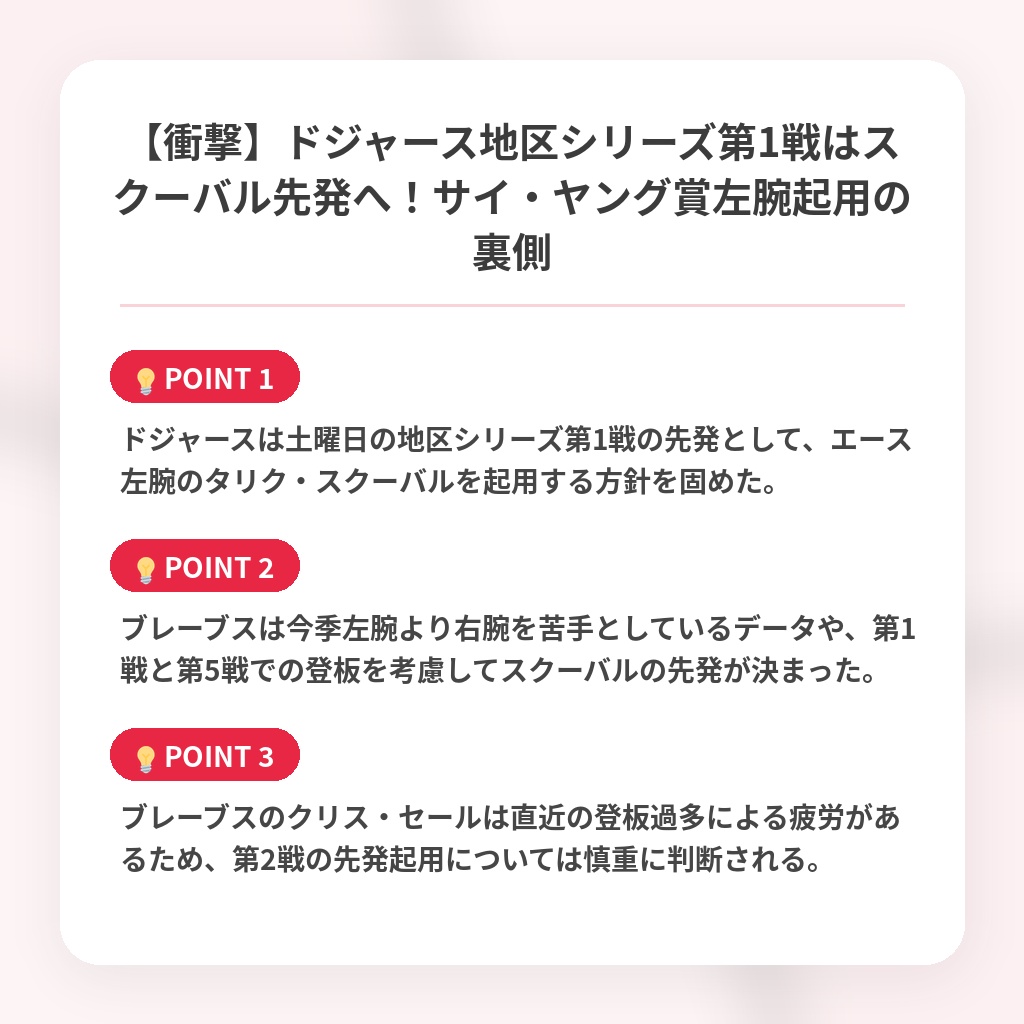 【衝撃】ドジャース地区シリーズ第1戦はスクーバル先発へ！サイ・ヤング賞左腕起用の裏側の注目ポイントまとめ