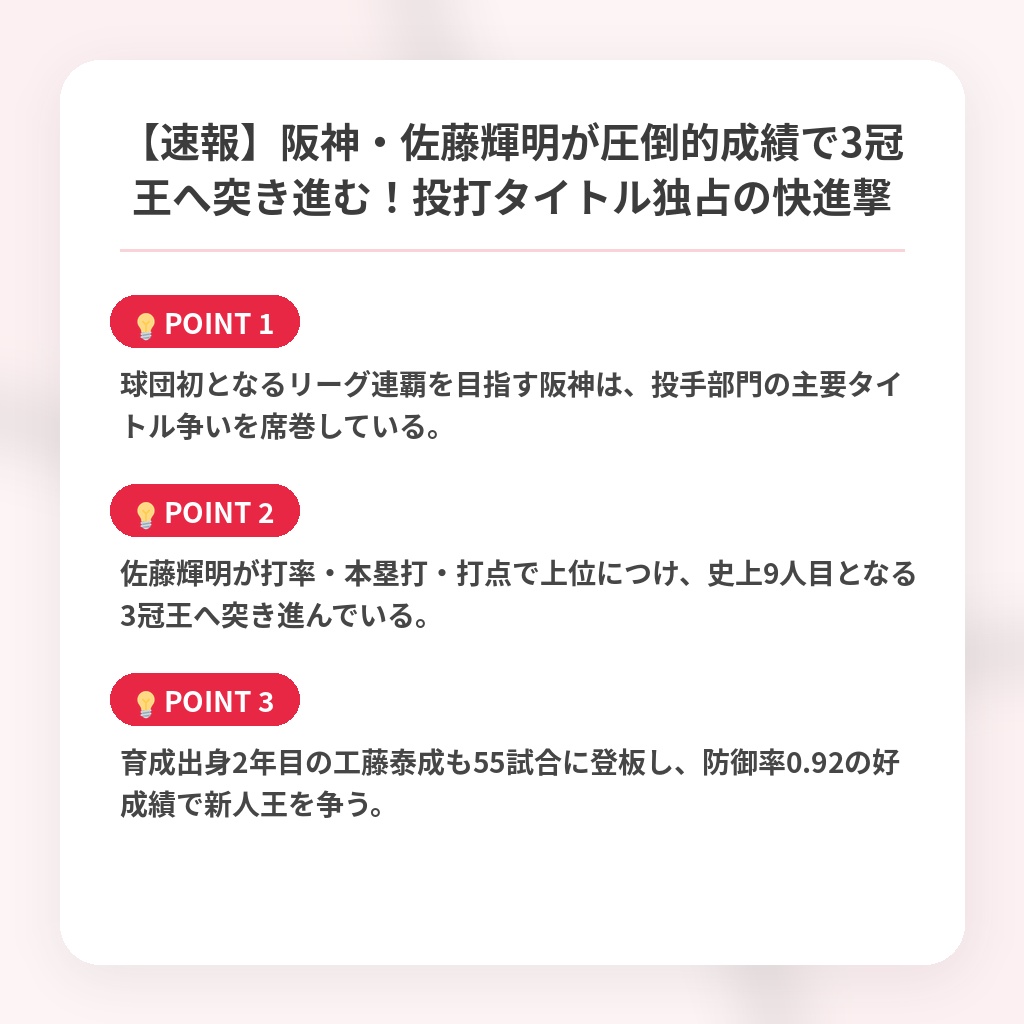【速報】阪神・佐藤輝明が圧倒的成績で3冠王へ突き進む！投打タイトル独占の快進撃の注目ポイントまとめ