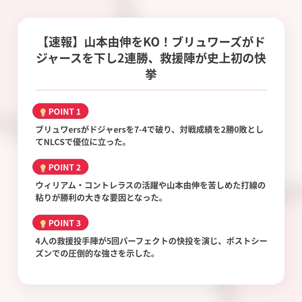 【速報】山本由伸をKO！ブリュワーズがドジャースを下し2連勝、救援陣が史上初の快挙の注目ポイントまとめ