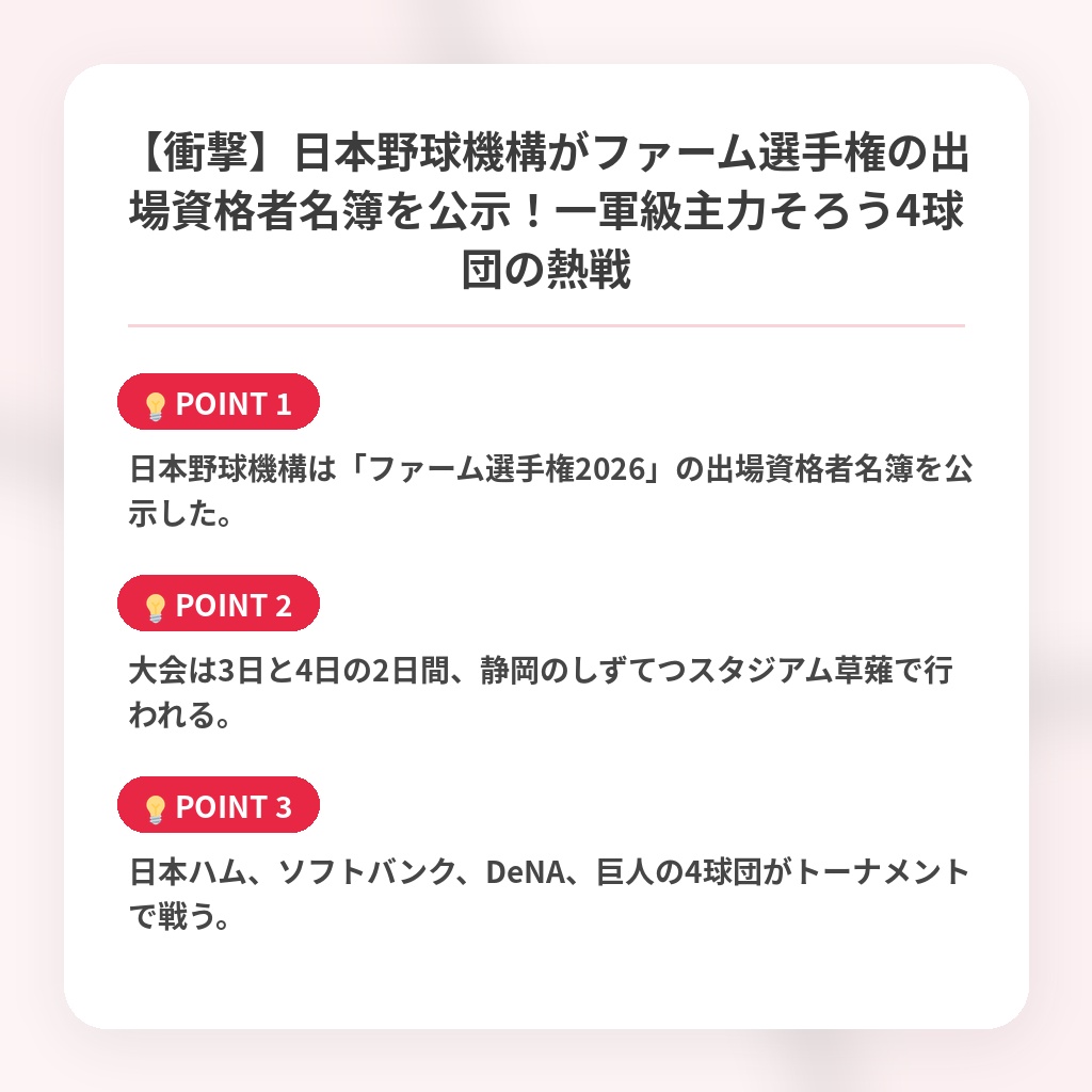 【衝撃】日本野球機構がファーム選手権の出場資格者名簿を公示！一軍級主力そろう4球団の熱戦の注目ポイントまとめ