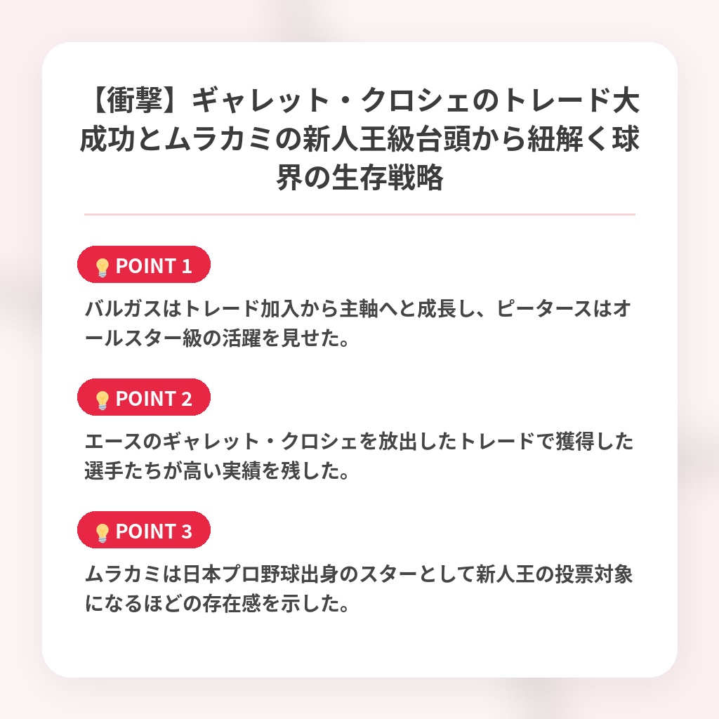 【衝撃】ギャレット・クロシェのトレード大成功とムラカミの新人王級台頭から紐解く球界の生存戦略の注目ポイントまとめ