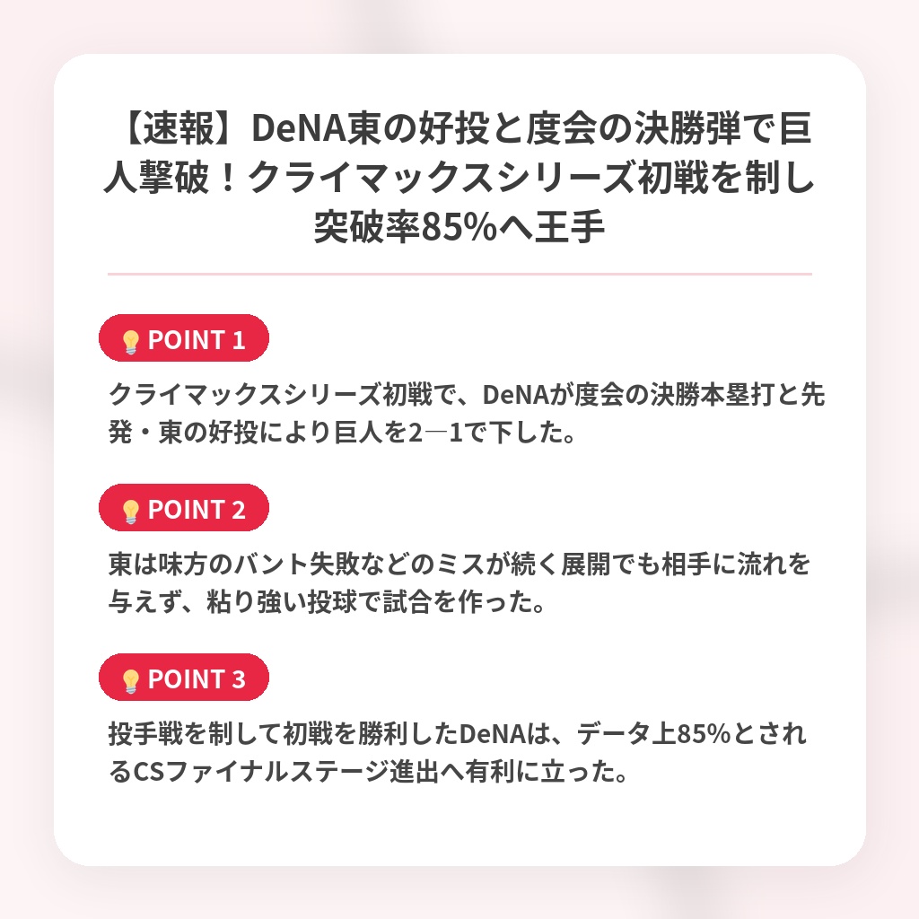 【速報】DeNA東の好投と度会の決勝弾で巨人撃破！クライマックスシリーズ初戦を制し突破率85%へ王手の注目ポイントまとめ