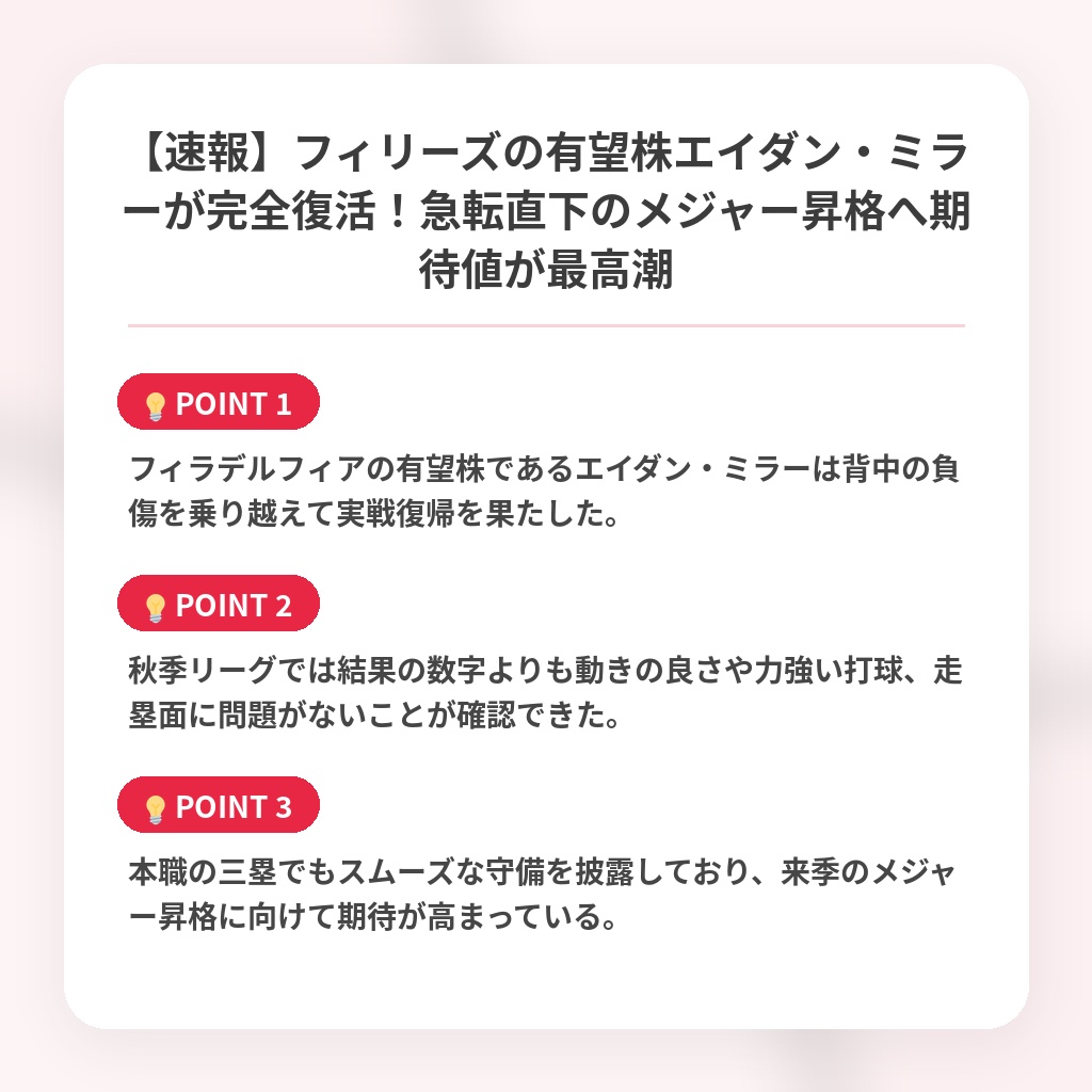 【速報】フィリーズの有望株エイダン・ミラーが完全復活！急転直下のメジャー昇格へ期待値が最高潮の注目ポイントまとめ