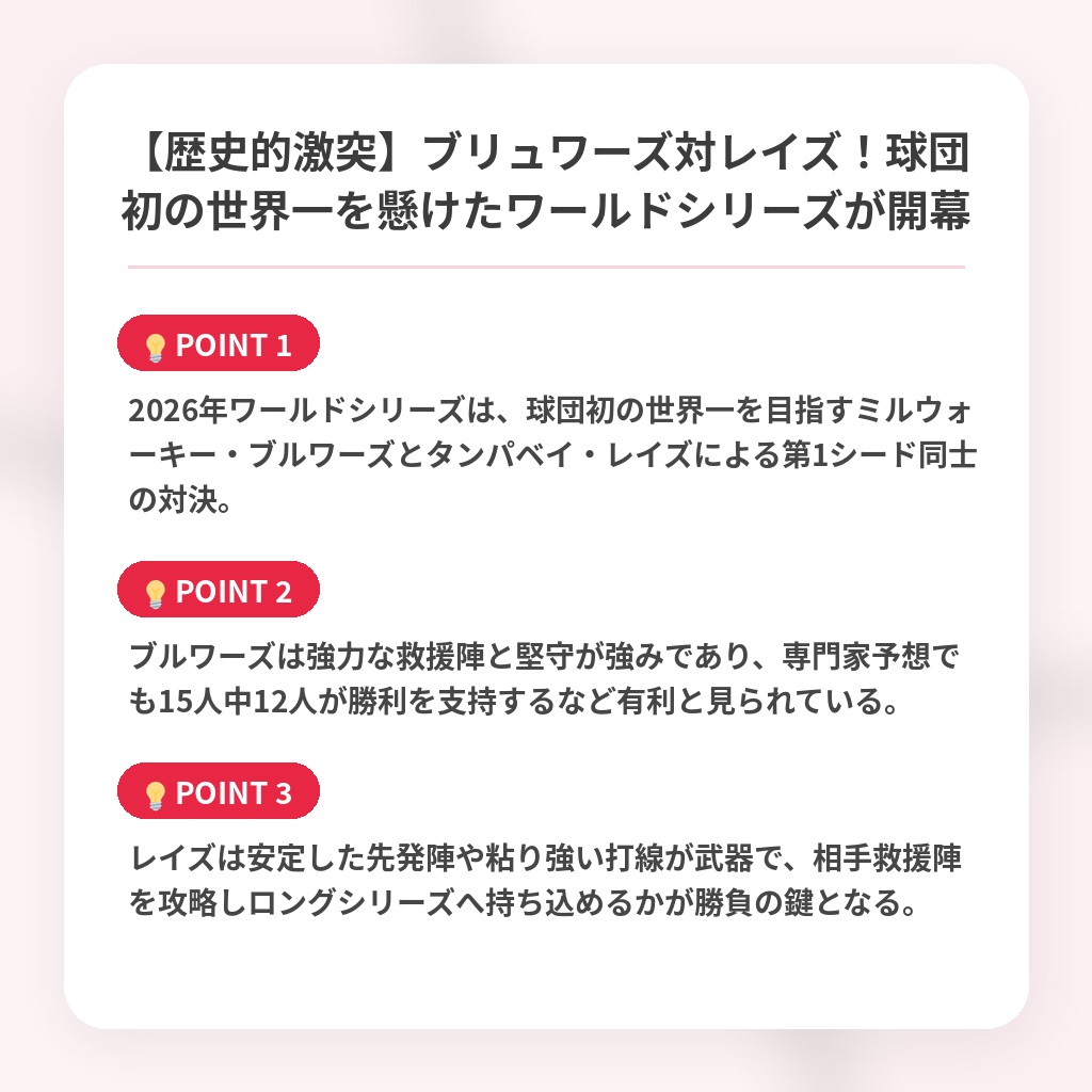 【歴史的激突】ブリュワーズ対レイズ！球団初の世界一を懸けたワールドシリーズが開幕の注目ポイントまとめ