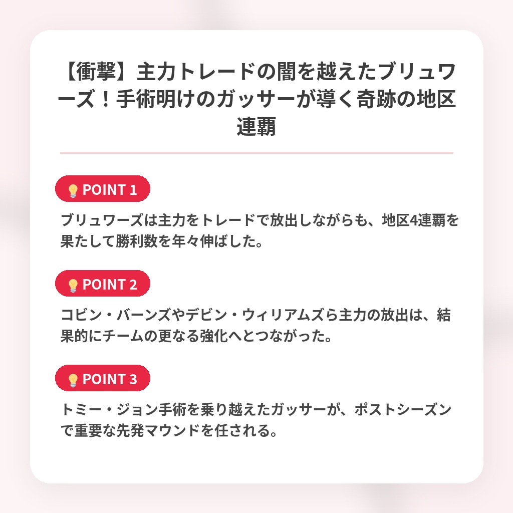 【衝撃】主力トレードの闇を越えたブリュワーズ！手術明けのガッサーが導く奇跡の地区連覇の注目ポイントまとめ