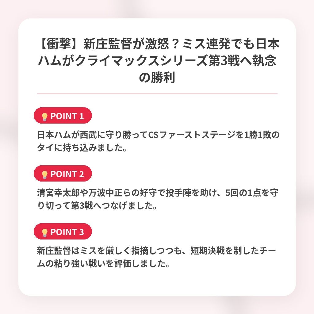 【衝撃】新庄監督が激怒？ミス連発でも日本ハムがクライマックスシリーズ第3戦へ執念の勝利の注目ポイントまとめ