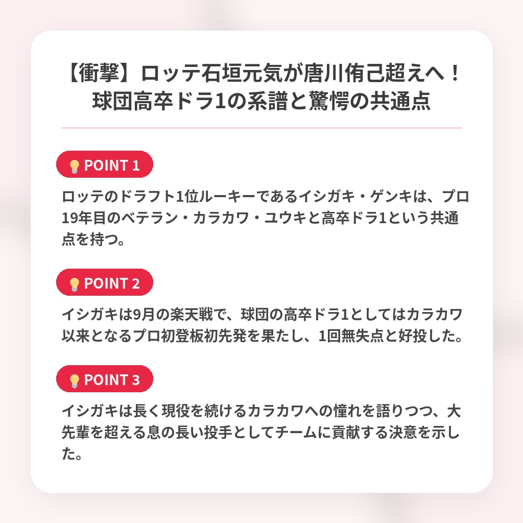 【衝撃】ロッテ石垣元気が唐川侑己超えへ！球団高卒ドラ1の系譜と驚愕の共通点の注目ポイントまとめ