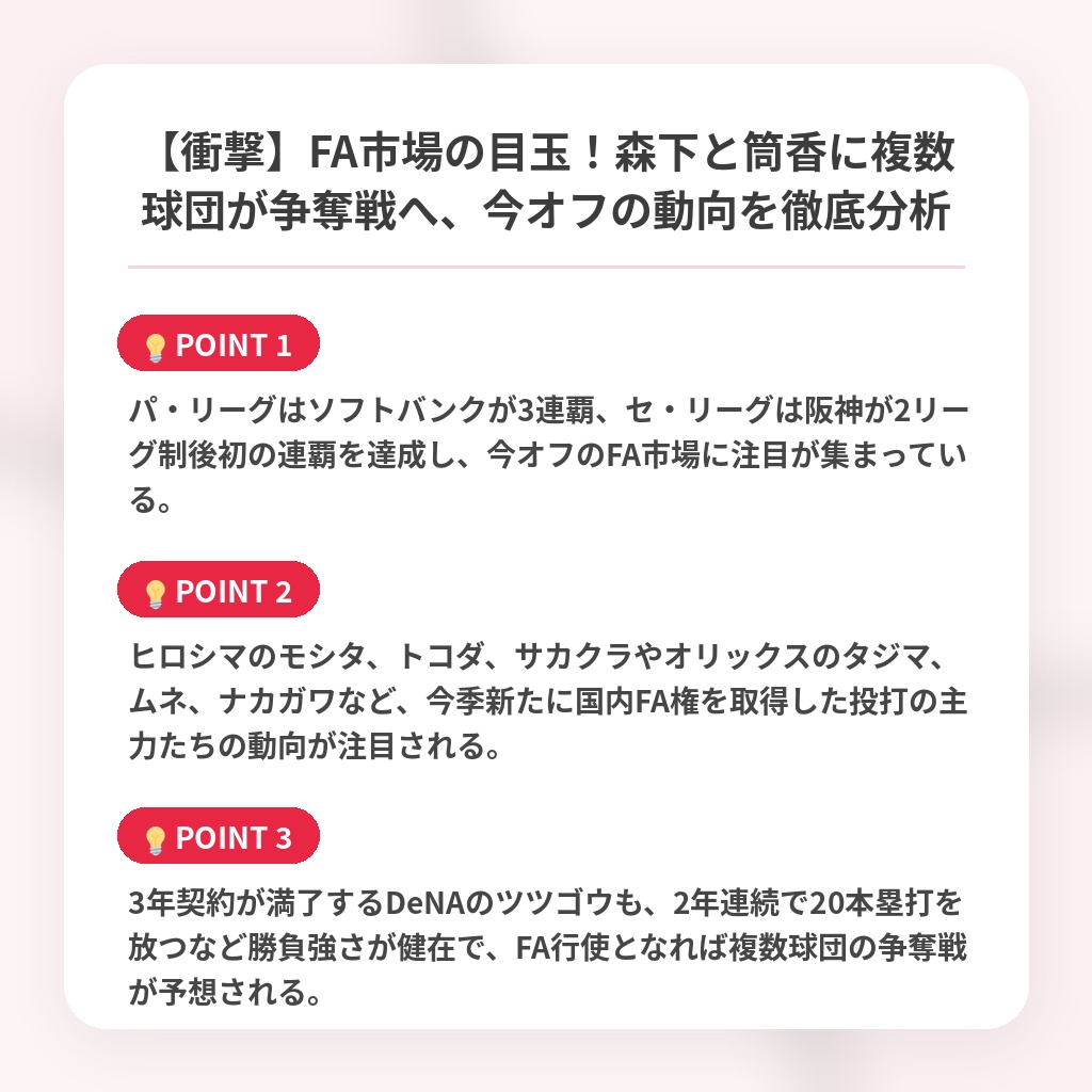 【衝撃】FA市場の目玉！森下と筒香に複数球団が争奪戦へ、今オフの動向を徹底分析の注目ポイントまとめ